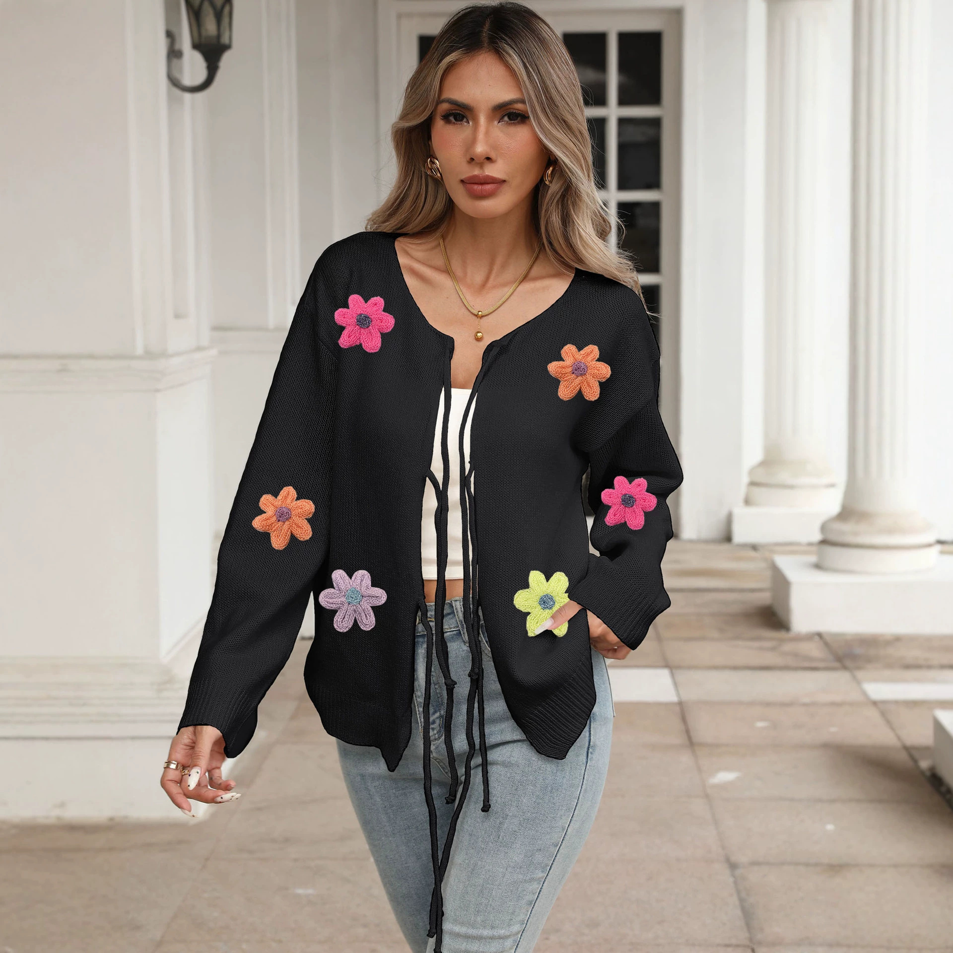 Women's Tie-Front Bow Wool Embroidered Floral Cardigan Sweater