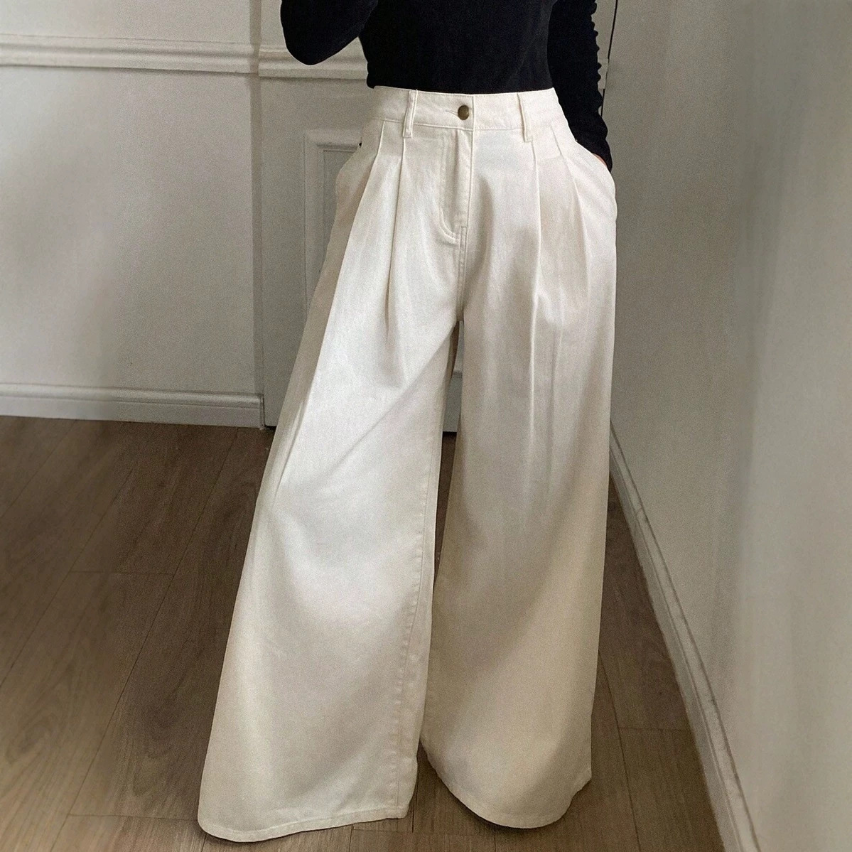 Women's White Wide-Leg High-Waist Jeans Loose Straight-Leg