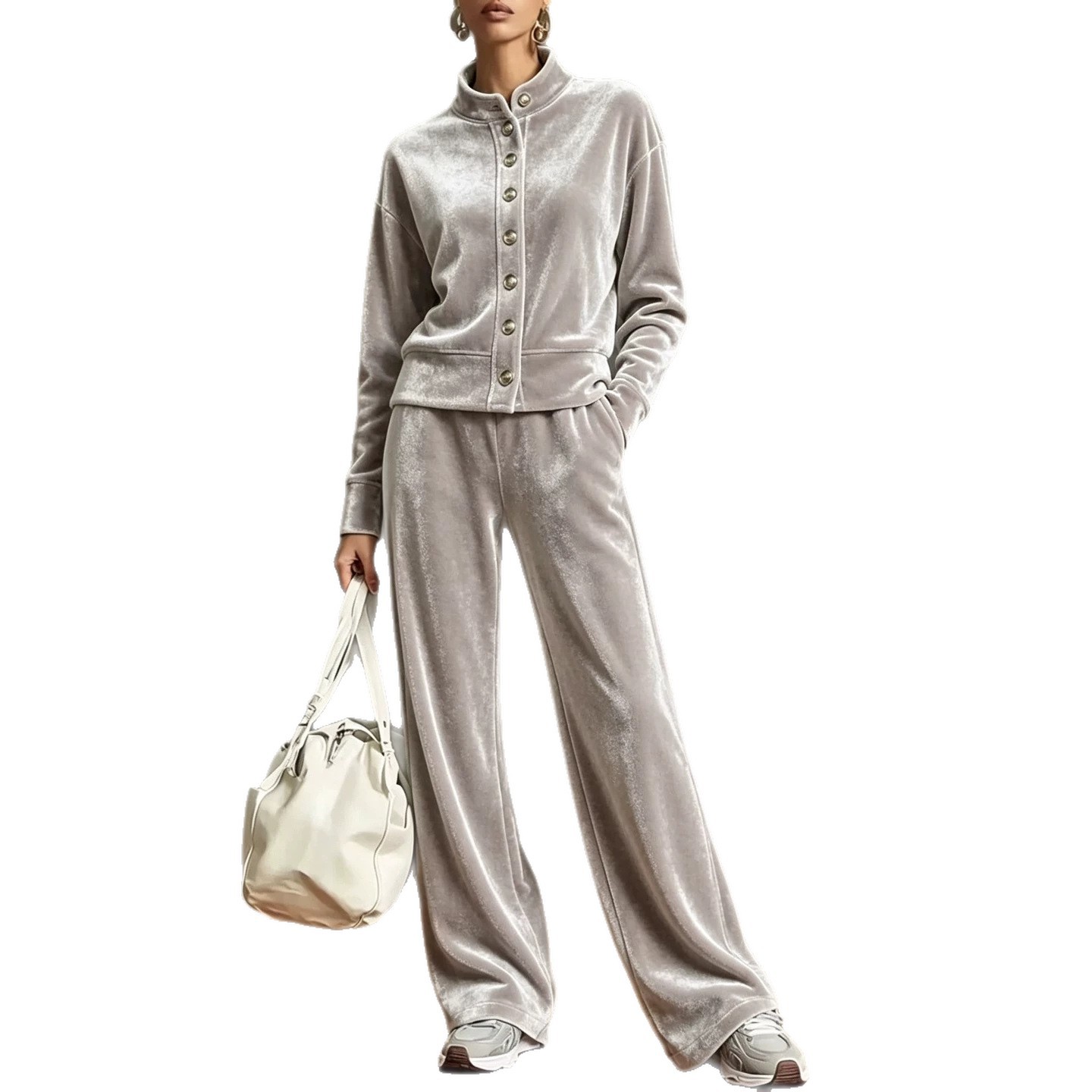 Women's Velvet Stand-Collar Cardigan Hoodie & Wide-Leg Pants Set