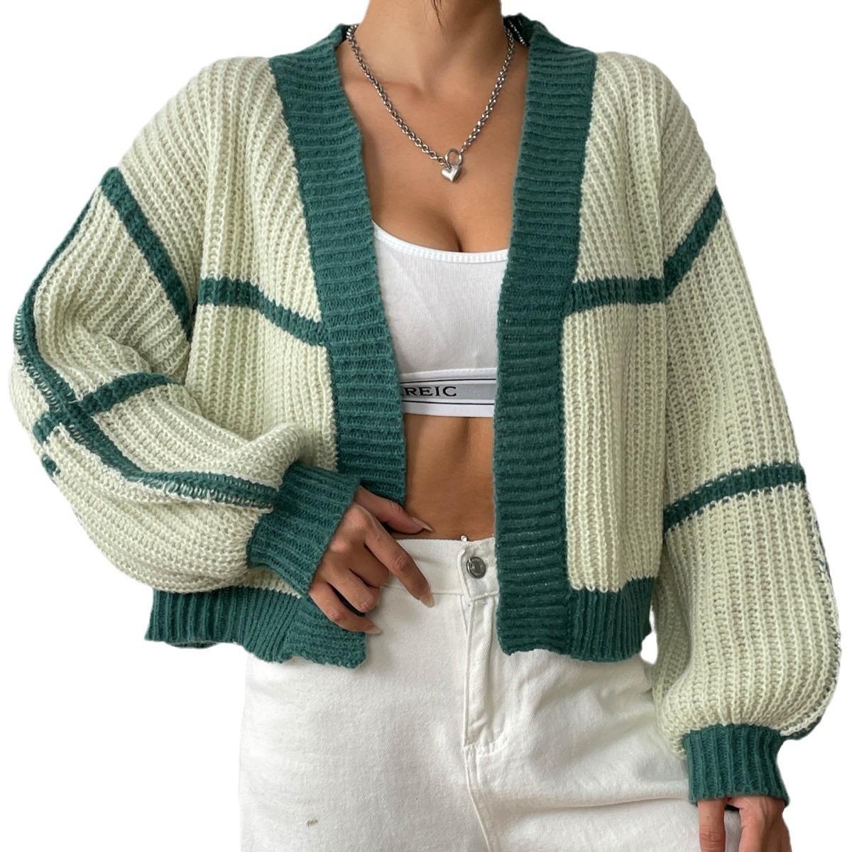 Women's Color-Block Cardigan Short Loose Lantern-Sleeve Sweater