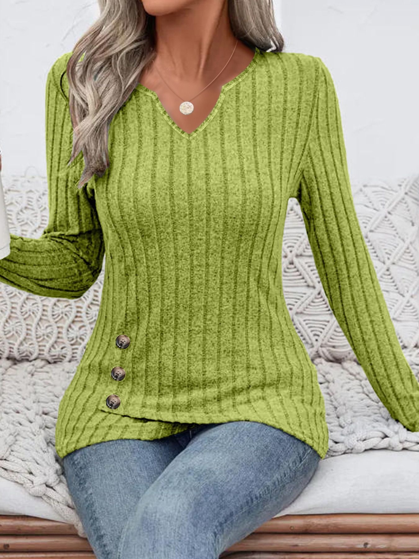 Ribbed Stretch V-Neck Long-Sleeve Top with Side Buttons and Asymmetrical Hem