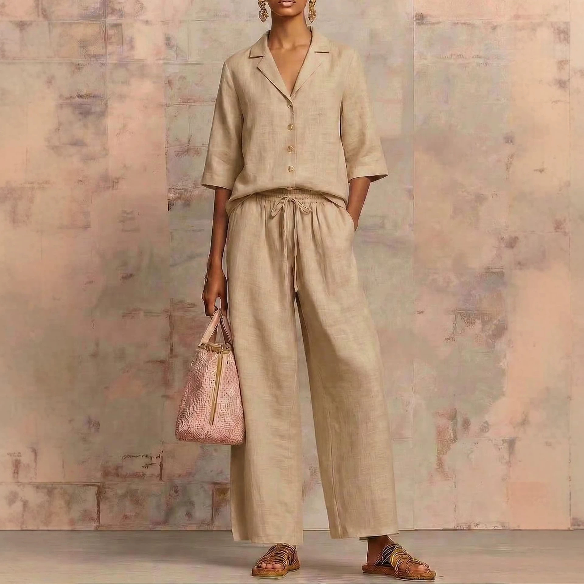 Women's Casual Solid Button Crew Neck Wide Leg Pants Set