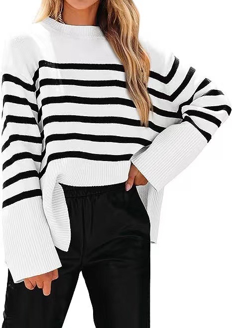 Striped Loose Puff Sleeve Knit Sweater