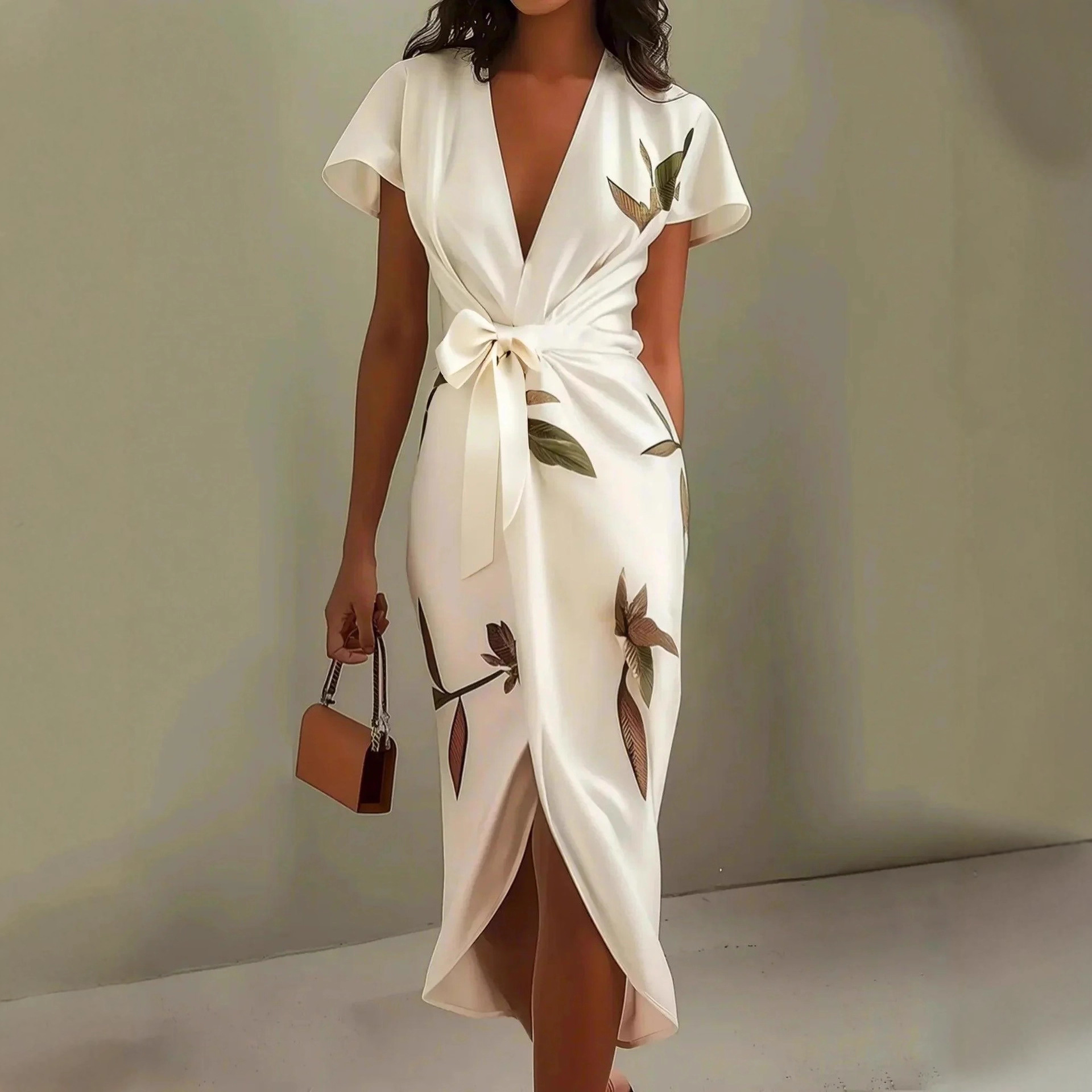 Floral Print V-Neck Short Sleeve Tie-Waist Slit Midi Dress