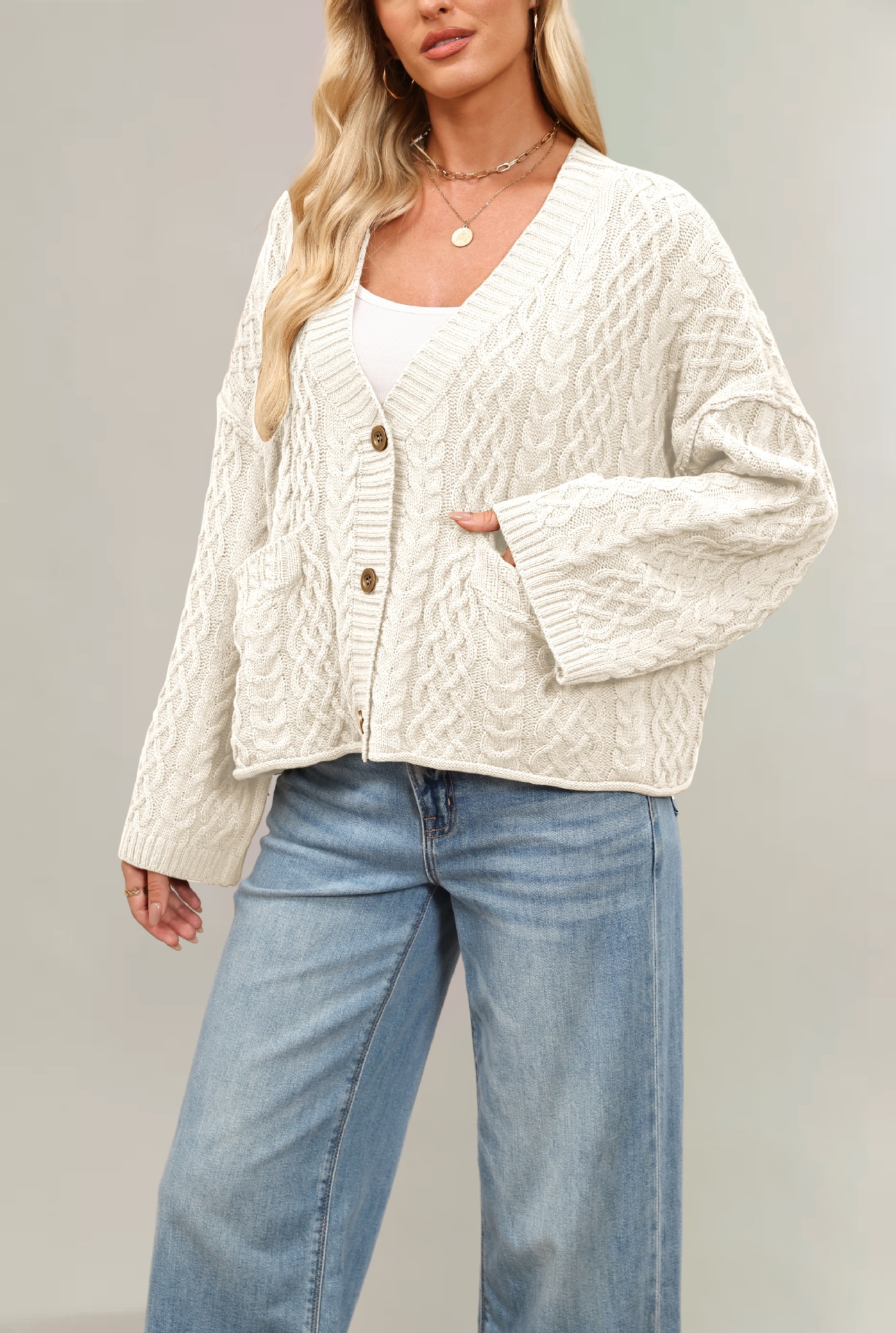 Cable-Knit Loose Solid Cardigan