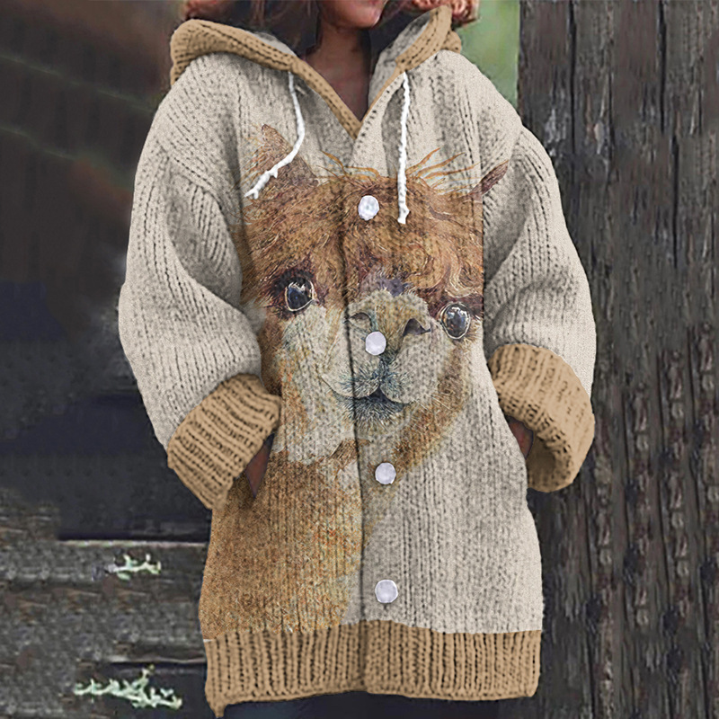 Women's Vintage Animal Print Hooded Button Cardigan