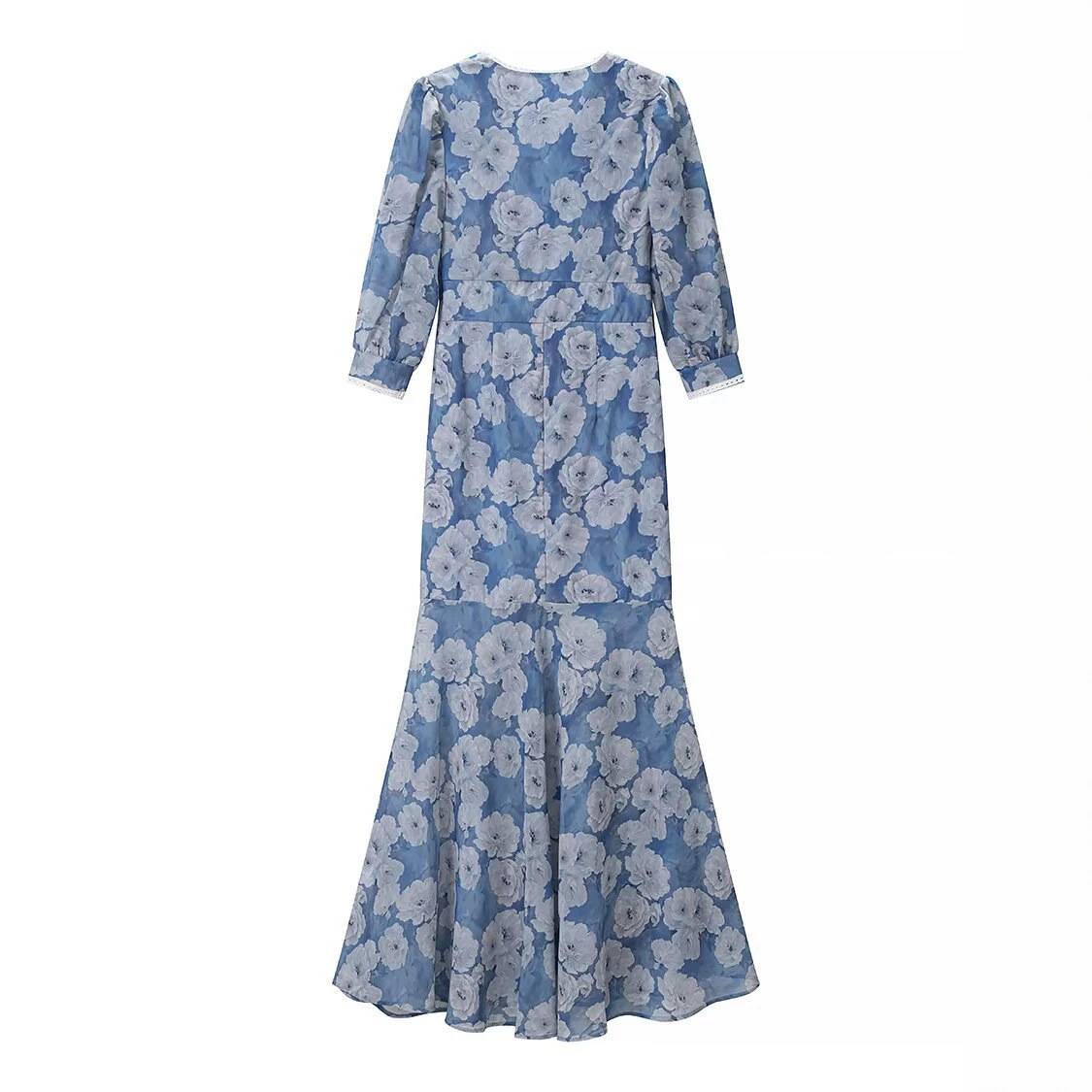 Floral V-Neck A-Line Midi Dress with Puff Sleeves