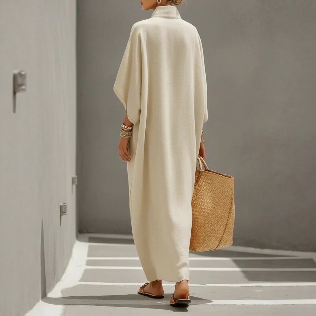 Women's Cotton-Linen Loose Long Robe Dress Vintage Batwing Sleeve Solid Color