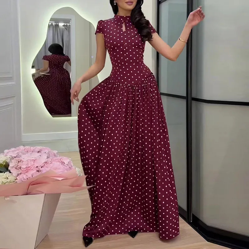Elegant Polka Dot Long Dress with Waist-Cinching A-Line Silhouette