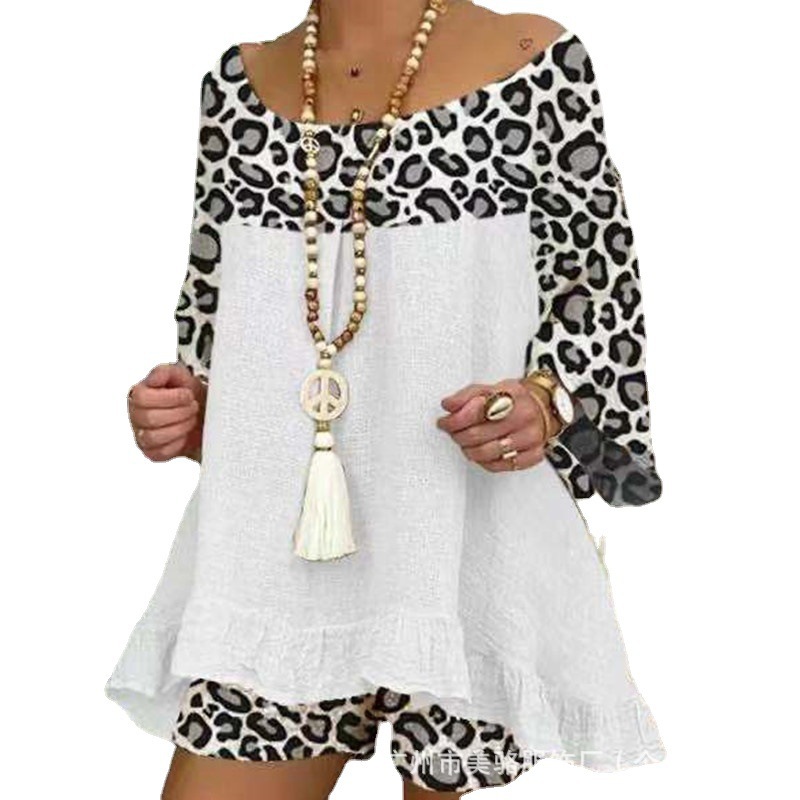 Leopard Print Patchwork Long Sleeve Shorts Set Casual Streetwear