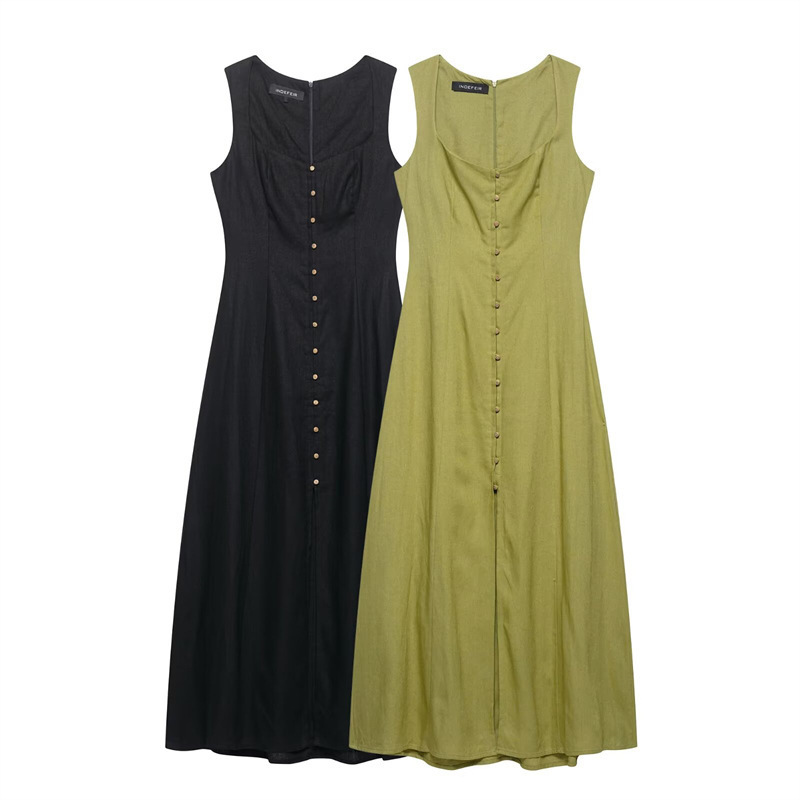 Women's Solid Midi A-Line Dress with Collar and Button Front