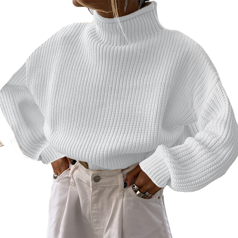 Women's Mock Neck Knit Sweater Solid Color Loose Casual Pullover