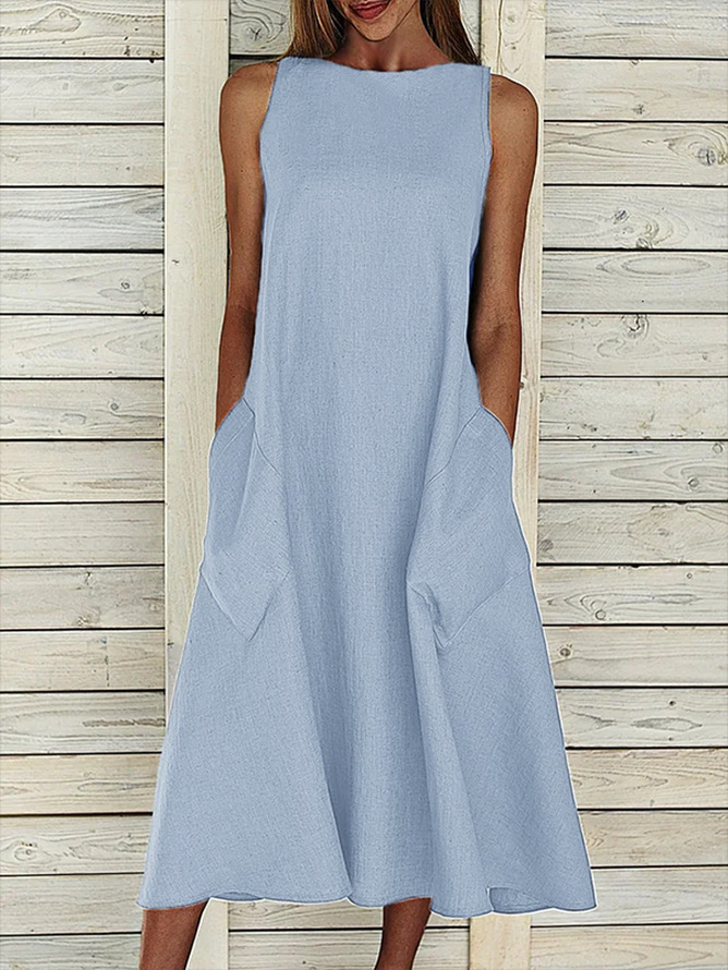 Solid Crewneck Short Sleeve Dress with Patch Pockets