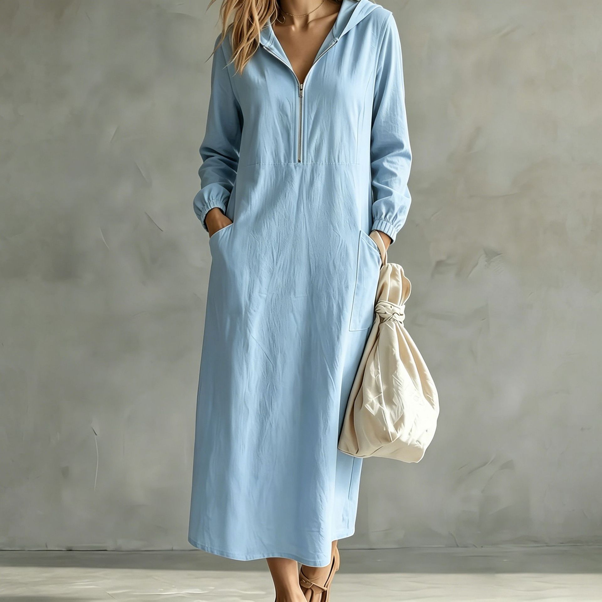 Hooded Half-Zip Cotton-Linen Long Sleeve Dress with Cuffed Sleeves