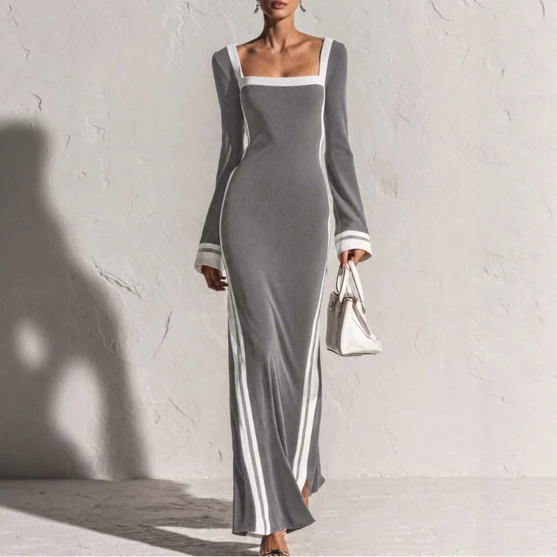 Elegant Vintage Square Neck Light Gray Long Dress with White Trim