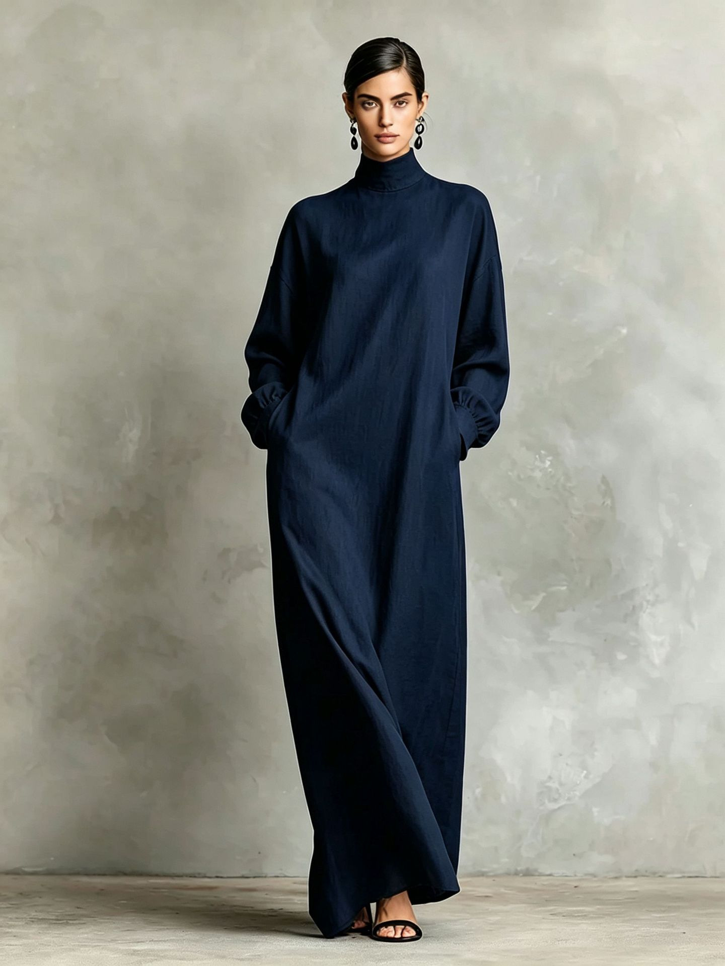Women's Solid High Neck Loose Casual A-Line Long Dress