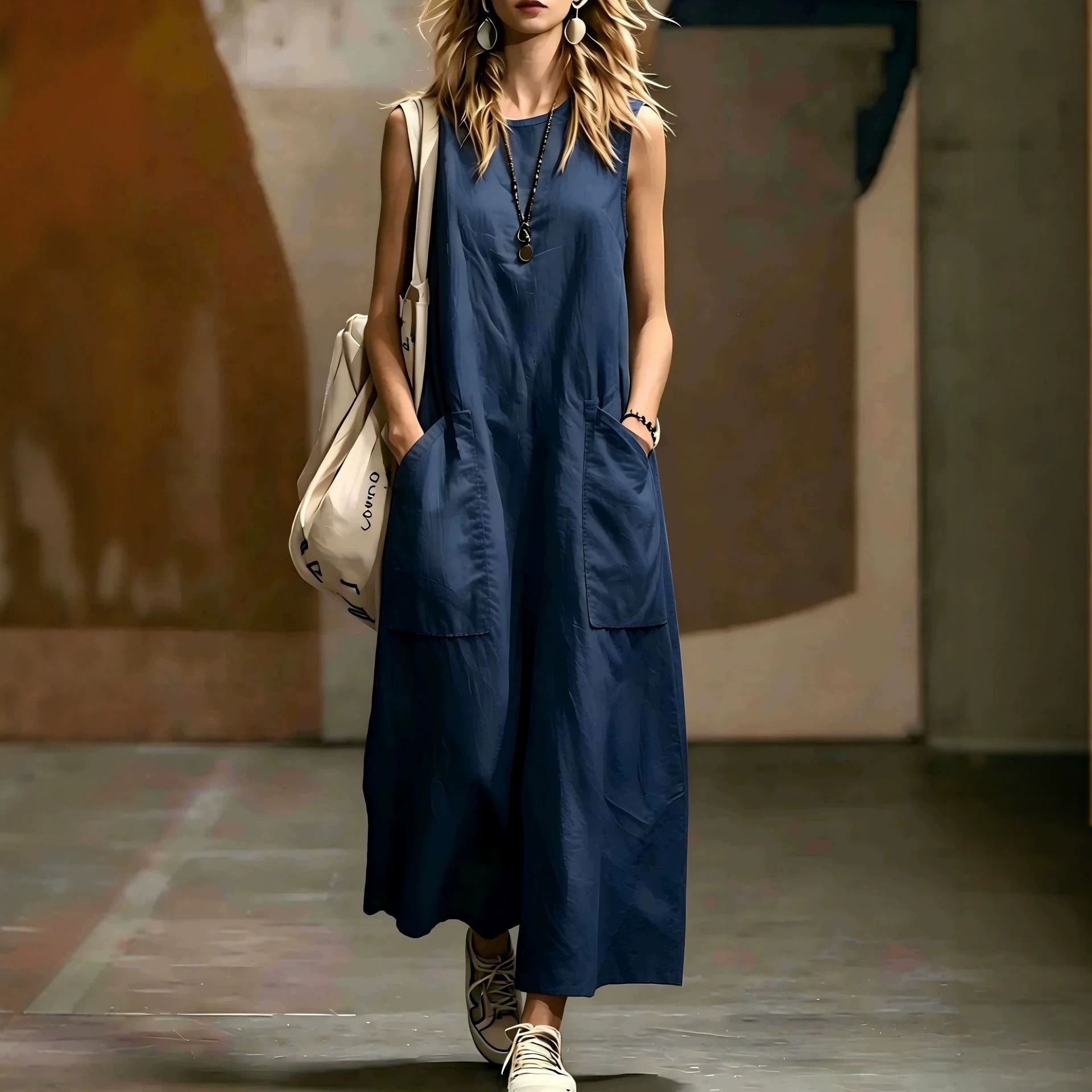Women's Solid Sleeveless A-Line Midi Dress with Pockets