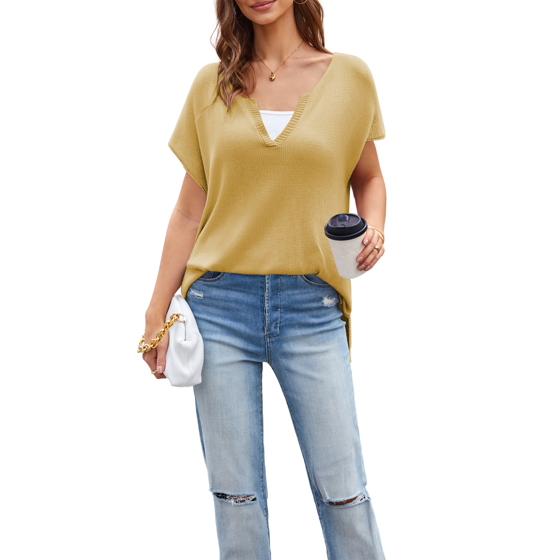 V-Neck Slit Short-Sleeve Loose Plus-Size Pullover Knit Top