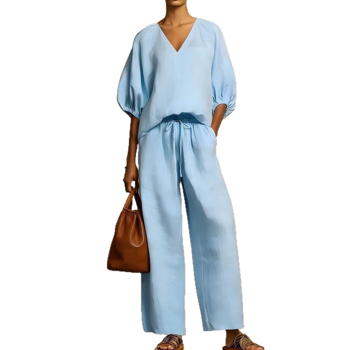 Minimalist Solid V-Neck Loose Two-Piece Set