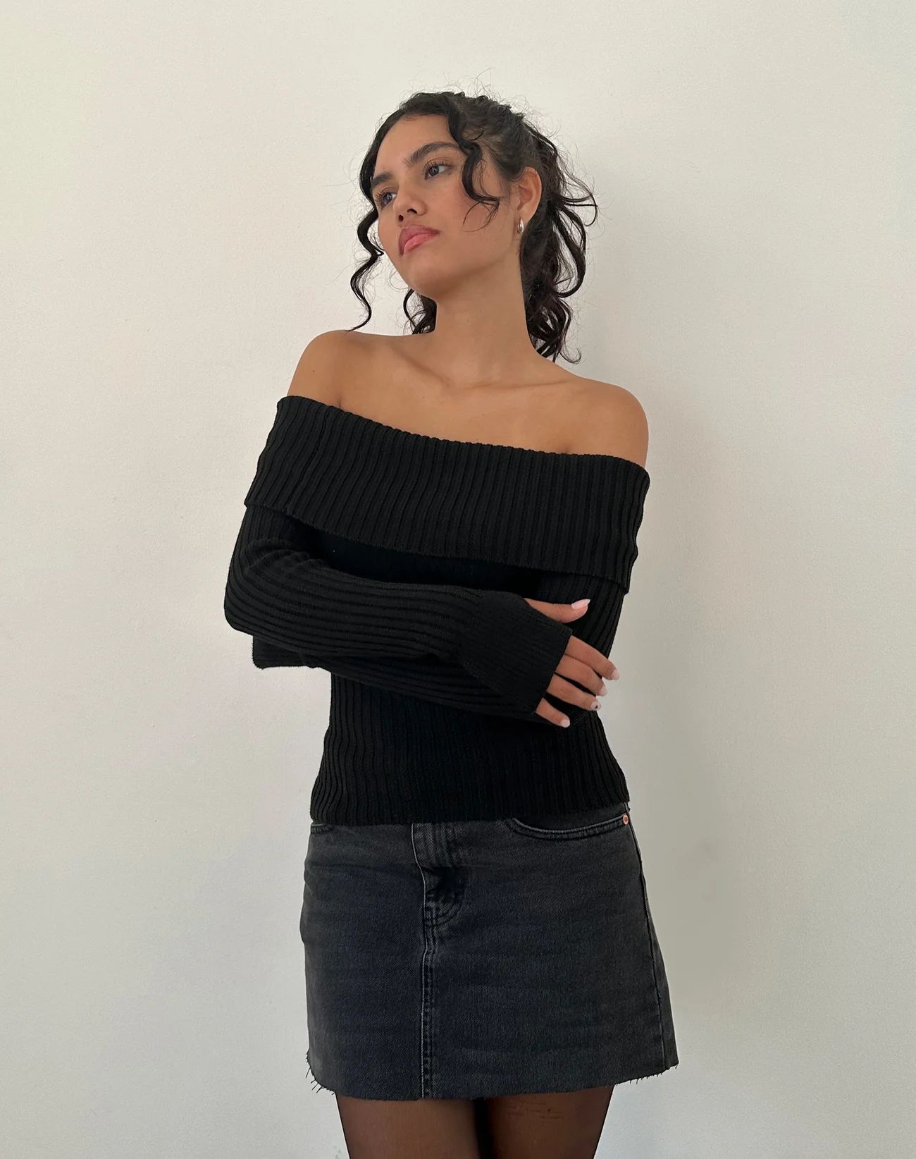 Sexy One-Shoulder Ribbed Slim-Fit Sweater with Oversized Collar