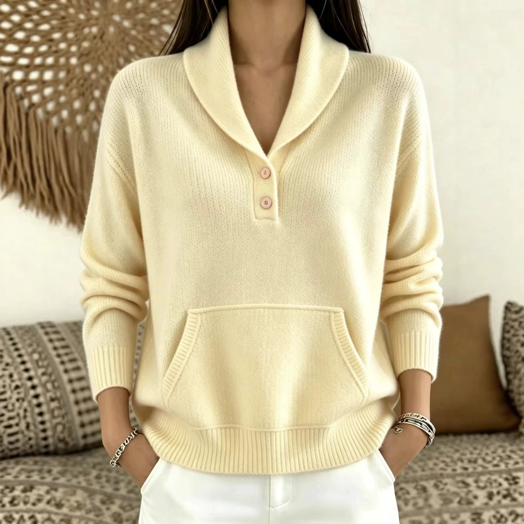 Suit-Collar Button Kangaroo Pocket Sweater for Women