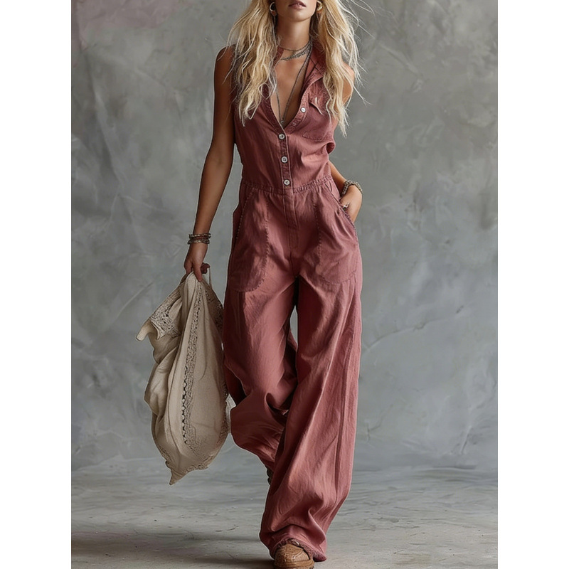 Sleeveless Button-Front V-Neck Wide-Leg Jumpsuit