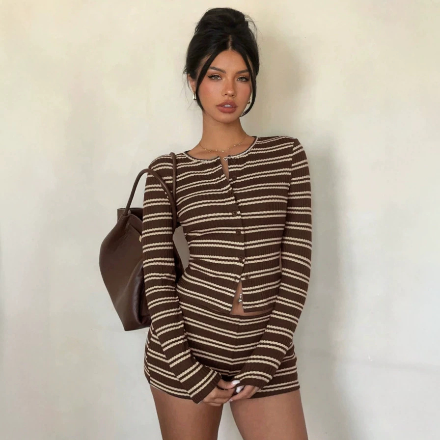 Striped Knit Cardigan and Shorts Set