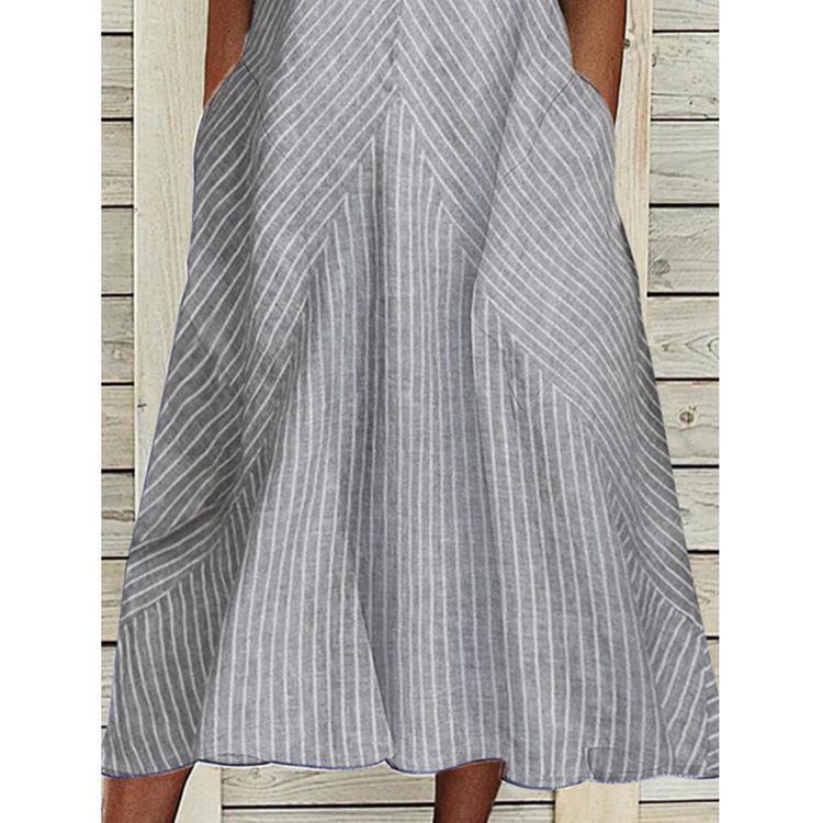 Summer V-Neck Sleeveless Smocked Pocket Striped Print Maxi Dress
