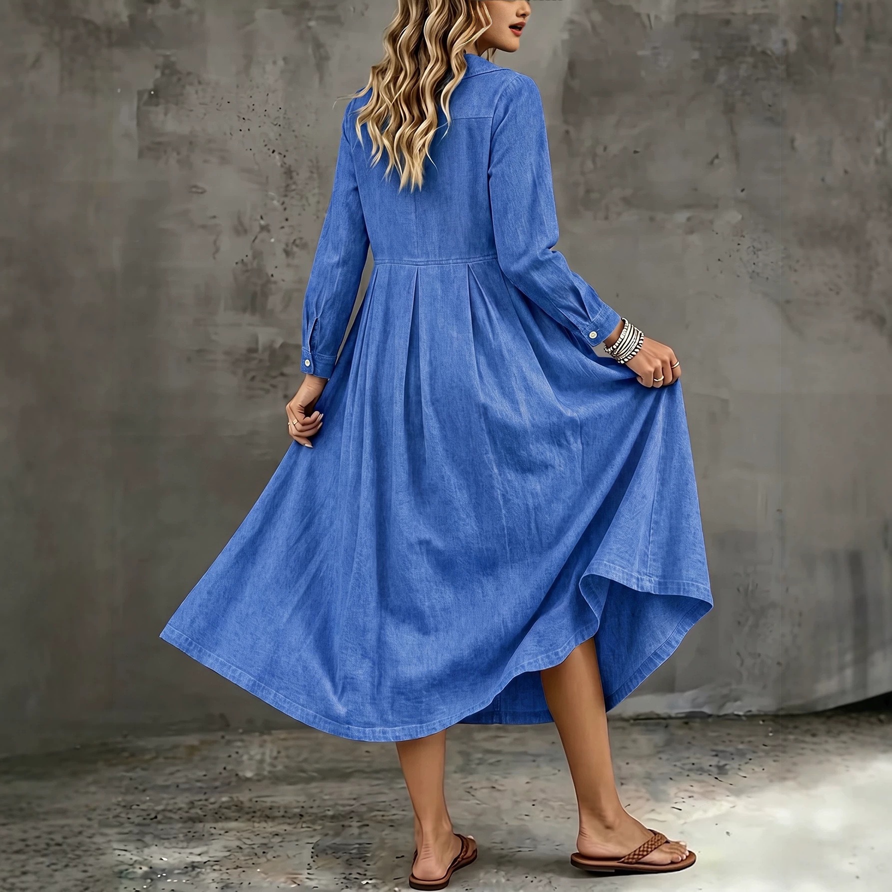 Women's Casual Loose Denim Long Sleeve Collared Midi Dress Plus Size Blue