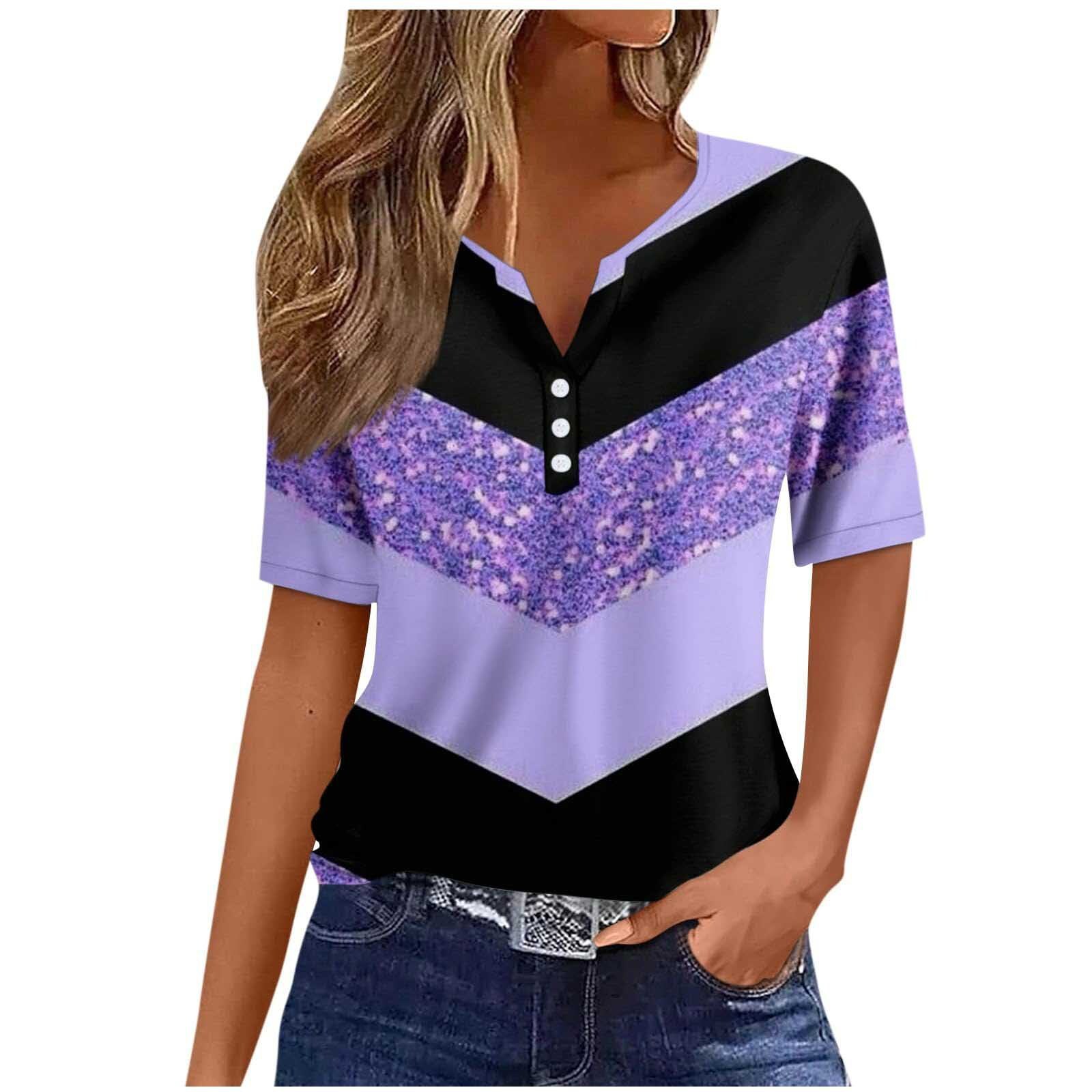 Women's Short Sleeve Color Block Button Slim Fit Top