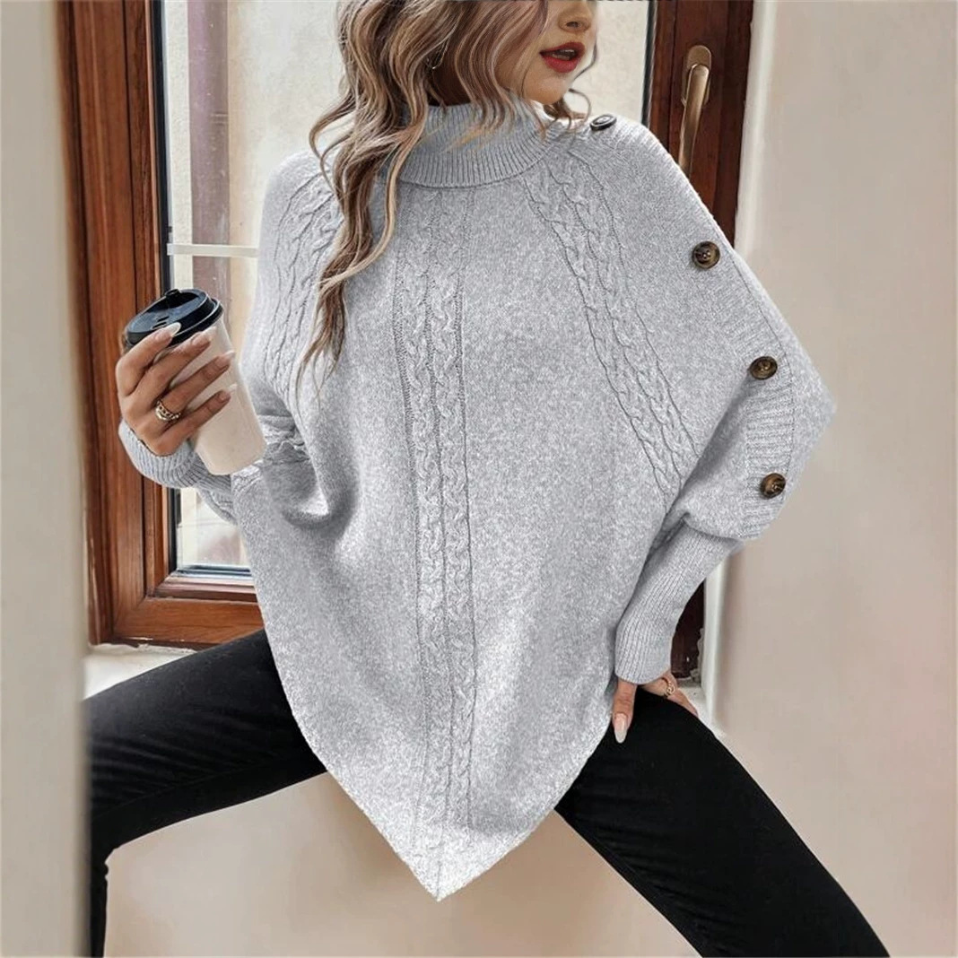 Cable-Knit Turtleneck Button-Trim Batwing Sweater