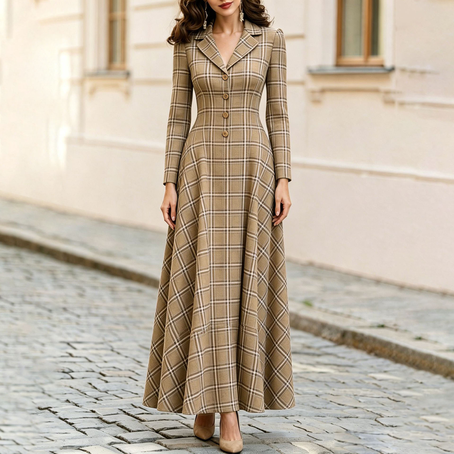 Elegant Solid Color Waist-Cinched Stand Collar Dress