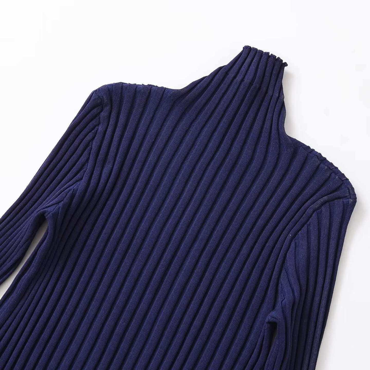 Navy High-Neck Ribbed Knit Sweater