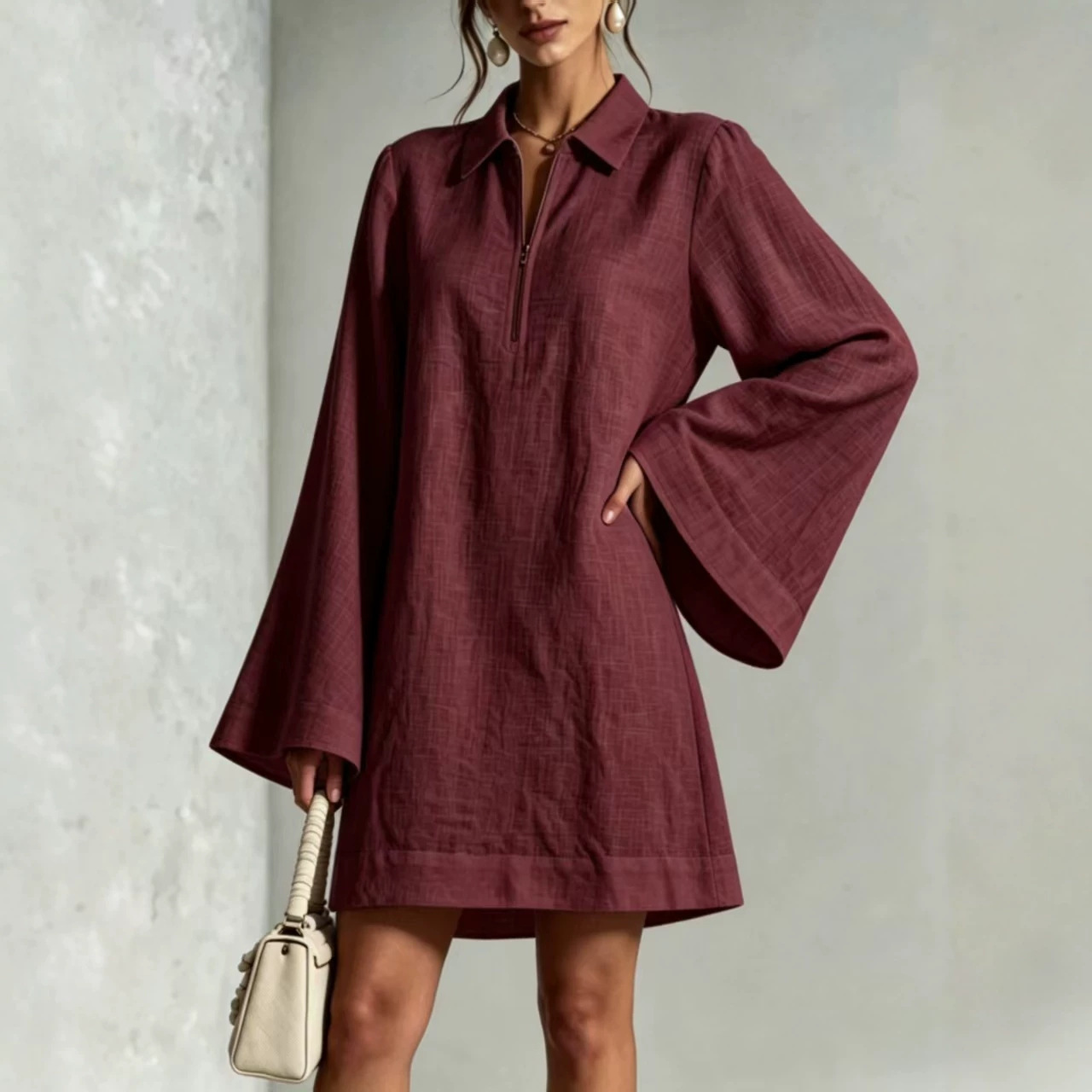 Solid Color Half-Zip Collared Loose Lightweight Long-Sleeve Casual Dress