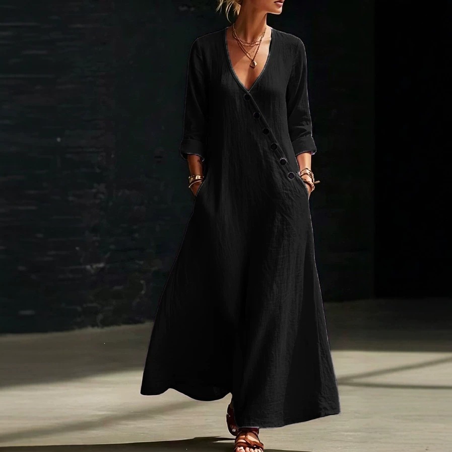 Asymmetric Button V-Neck Midi Dress with Rolled Cuffs and Side Pockets