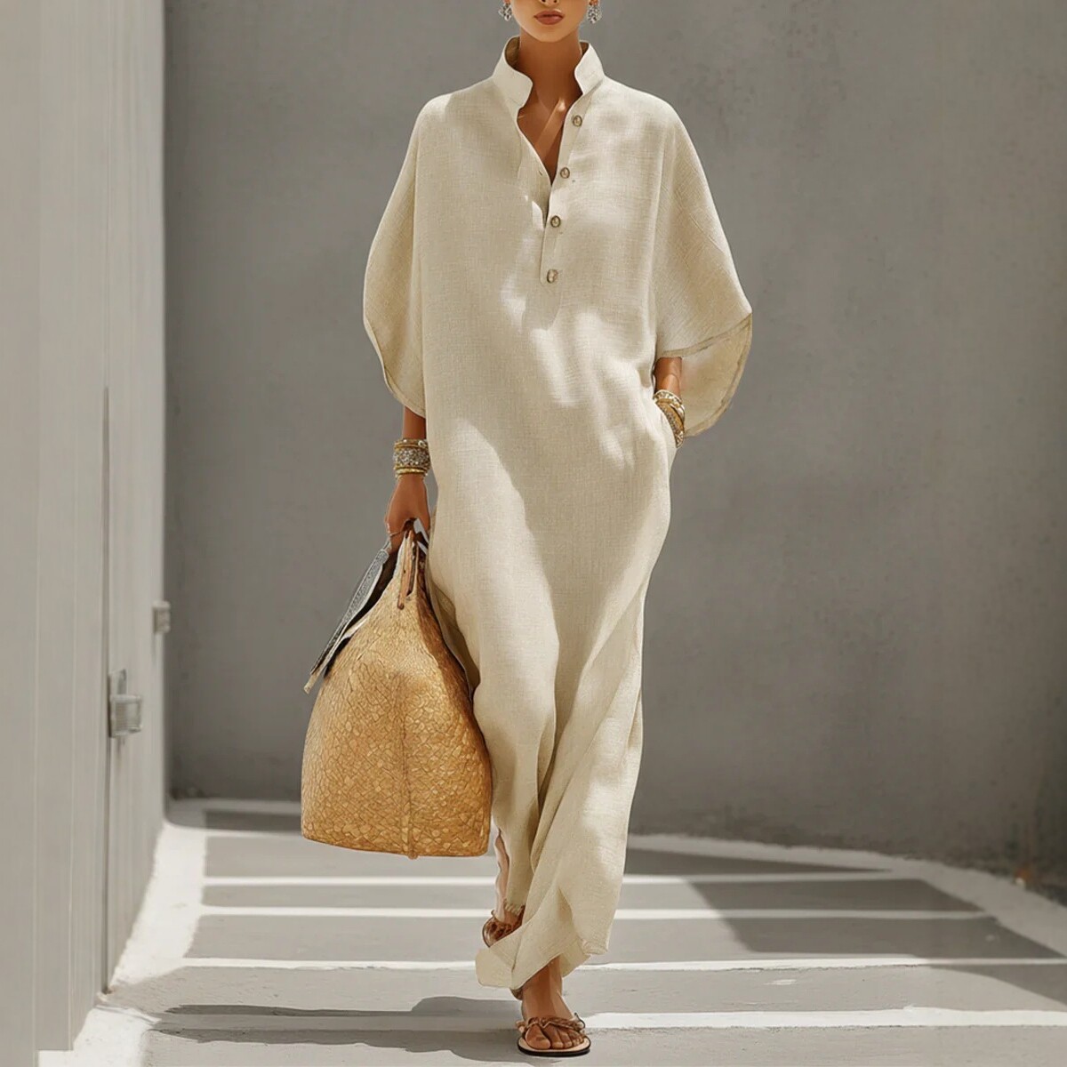 Women's Cotton-Linen Loose Long Robe Dress Vintage Batwing Sleeve Solid Color