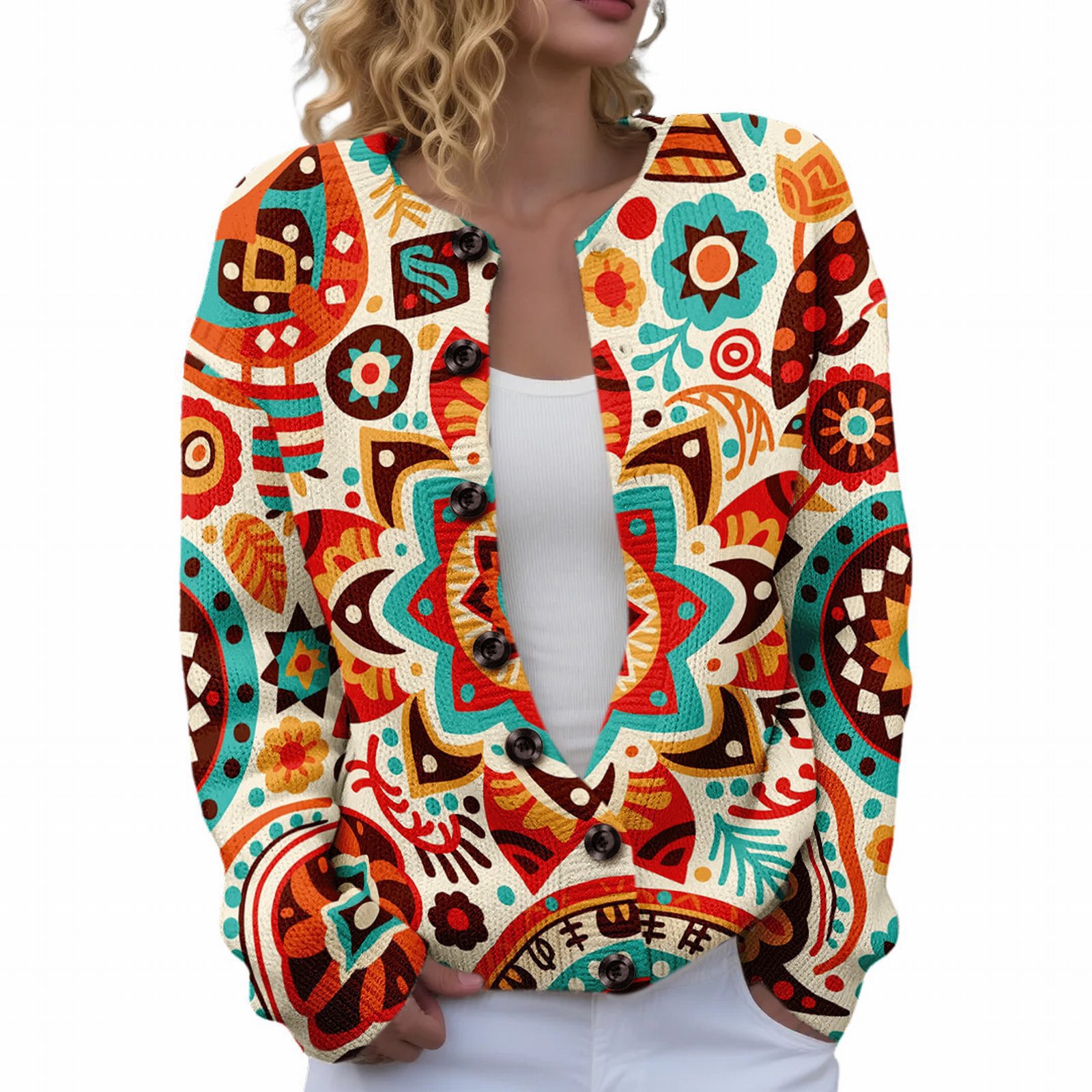 Women's Floral Maple Leaf Print Button Cardigan