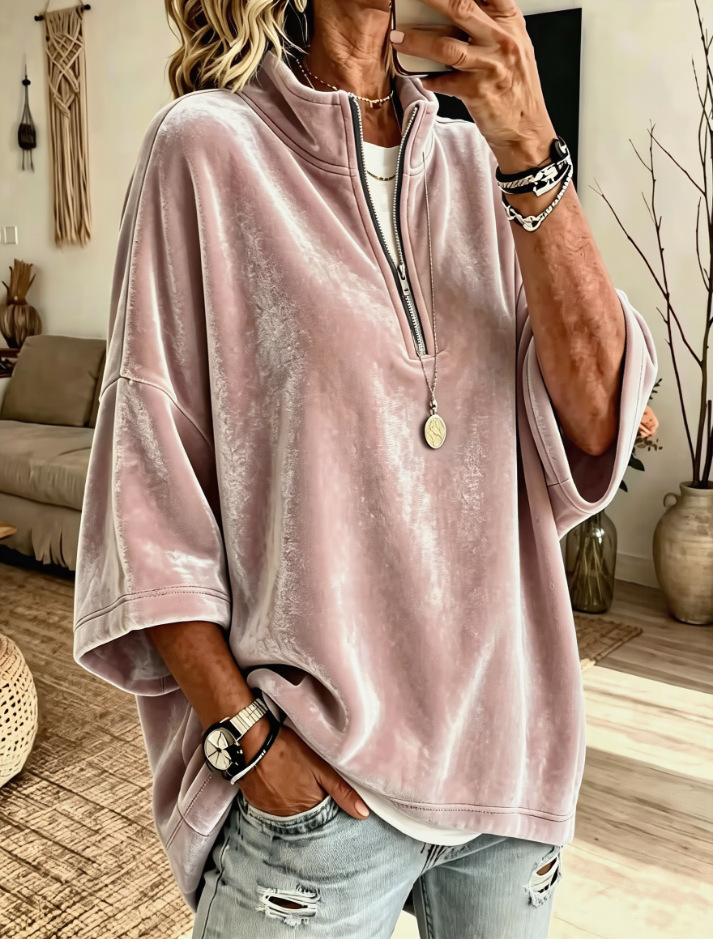 Women's Loose Half-Zip Suede-Feel 3/4 Sleeve Sweatshirt Solid Color Casual Top
