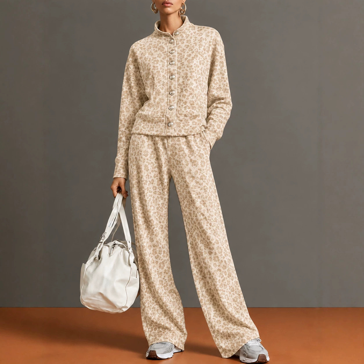 2026 Fall/Winter European and American Cross-Border Women's Vintage Leopard Print Stand Collar Single-Breasted Jacket Wide-Leg Pants Casual Set for Women