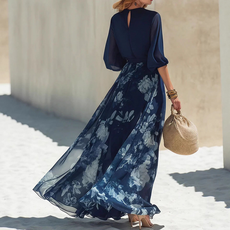 Bohemian Ink Wash V-Neck Maxi Dress Puff Sleeve A-Line
