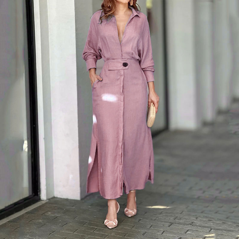 Women's Solid Tie-Waist Long Shirt Dress Commuter