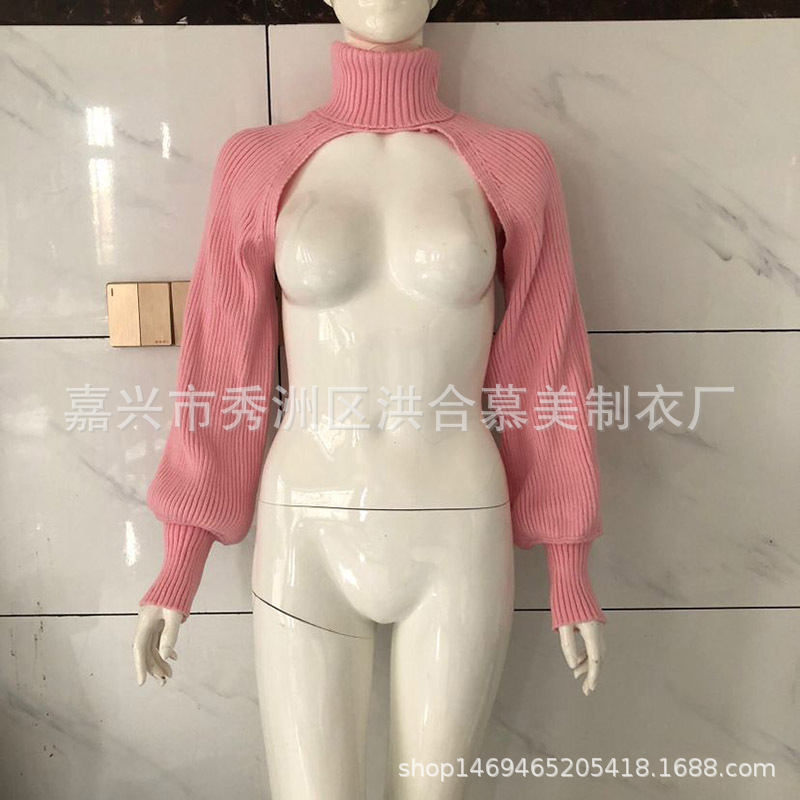 Women's Lantern Sleeve Turtleneck Knit Sweater with Knit Sleeves Solid Color