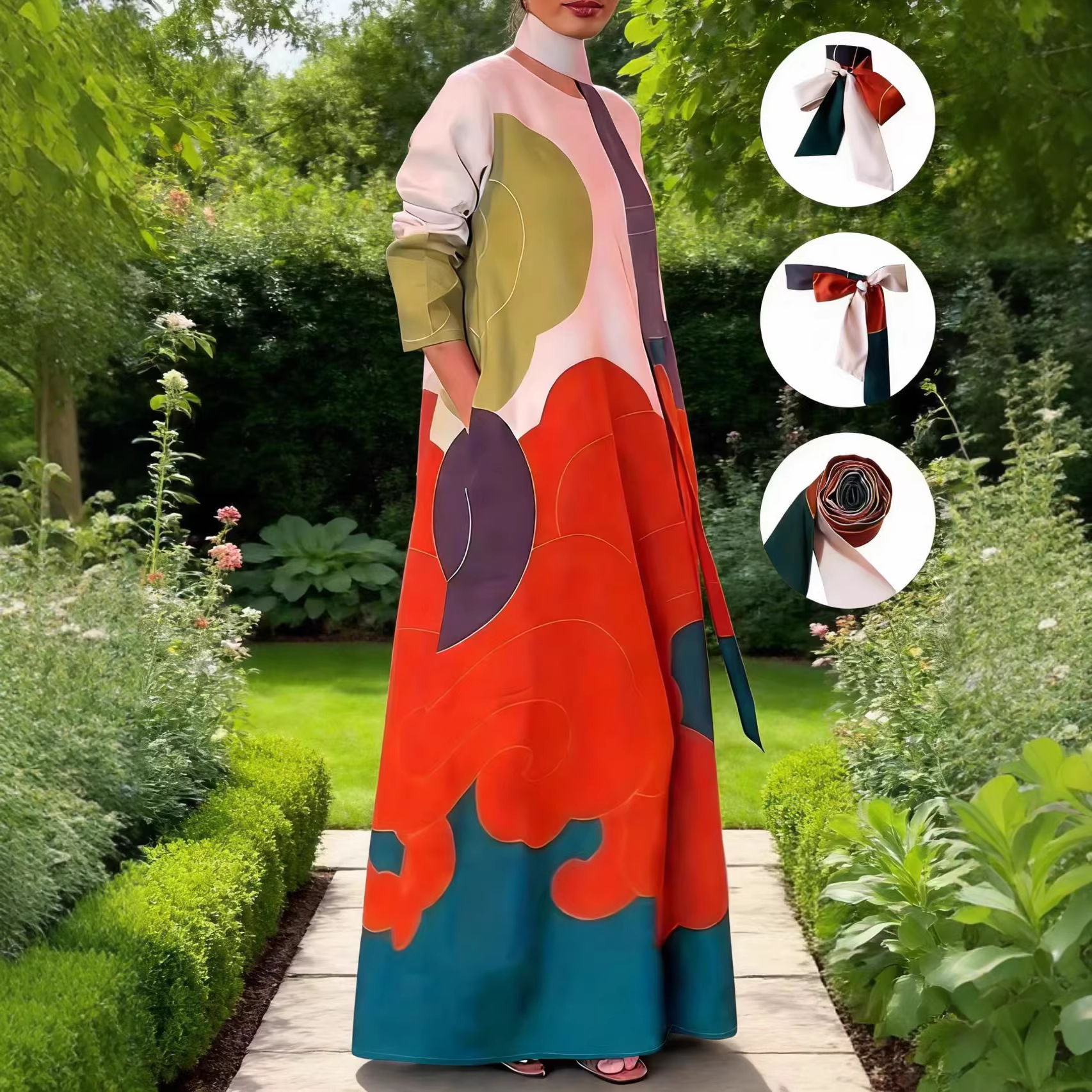 Color-Block Geometric Print Long Dress