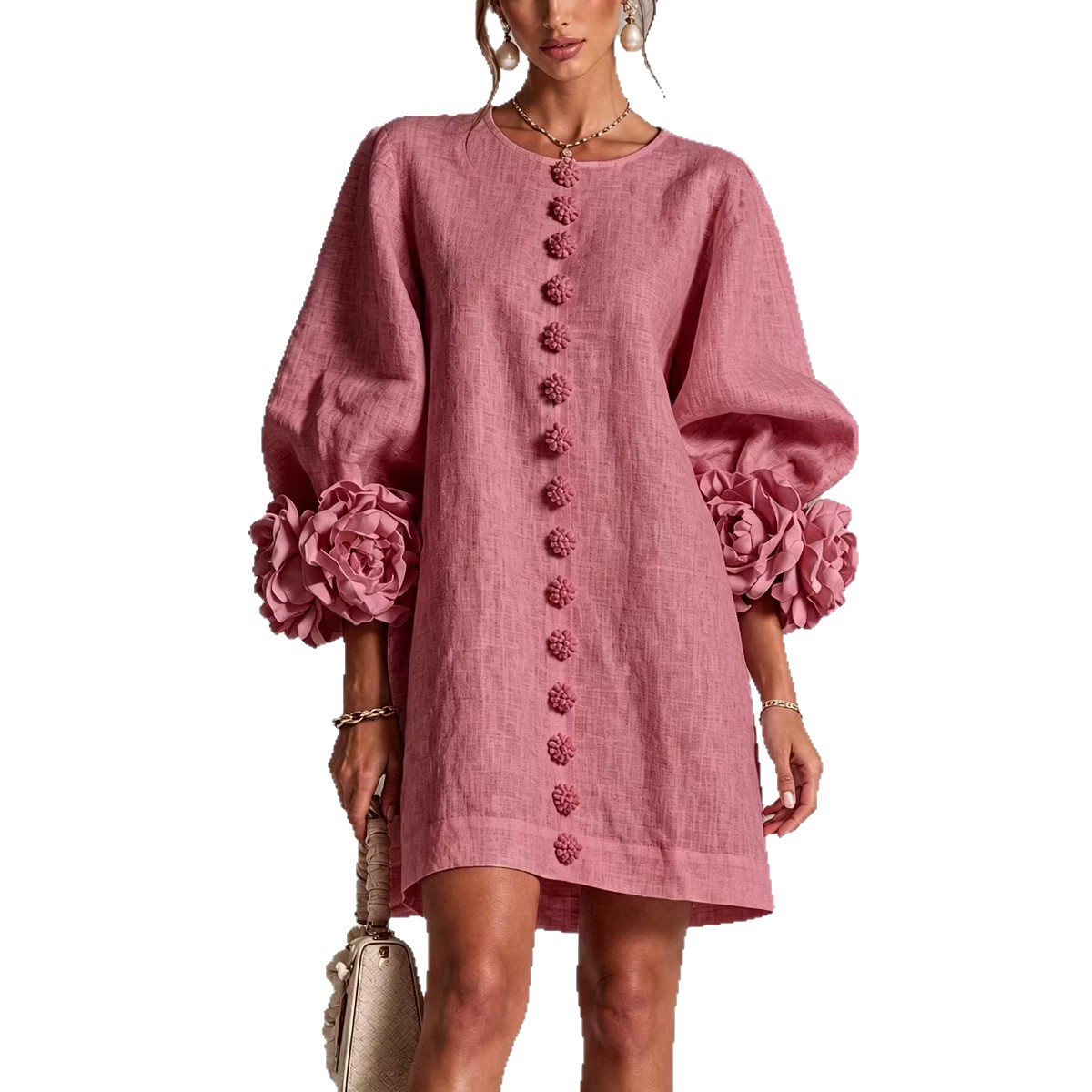 French-Style 3D Floral Lantern-Sleeve Solid Dress with Round Neck and Button Front