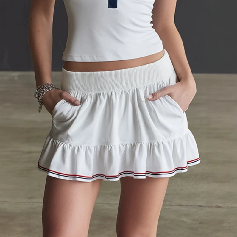 Retro Striped Sleeveless Polo Shirt and Ruffle Skirt Set