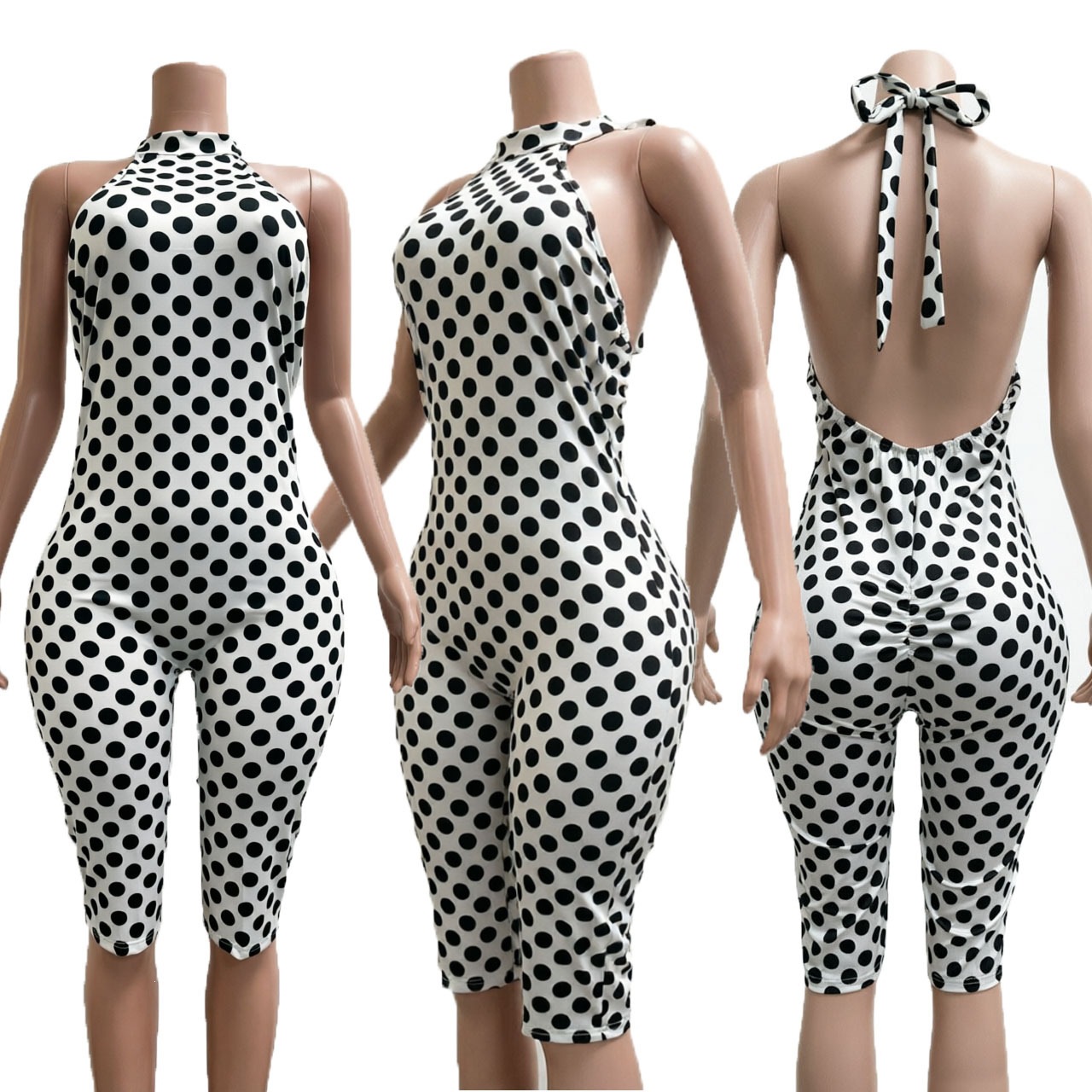 Polka Dot Print Halter Backless Slim Fit Women's Jumpsuit