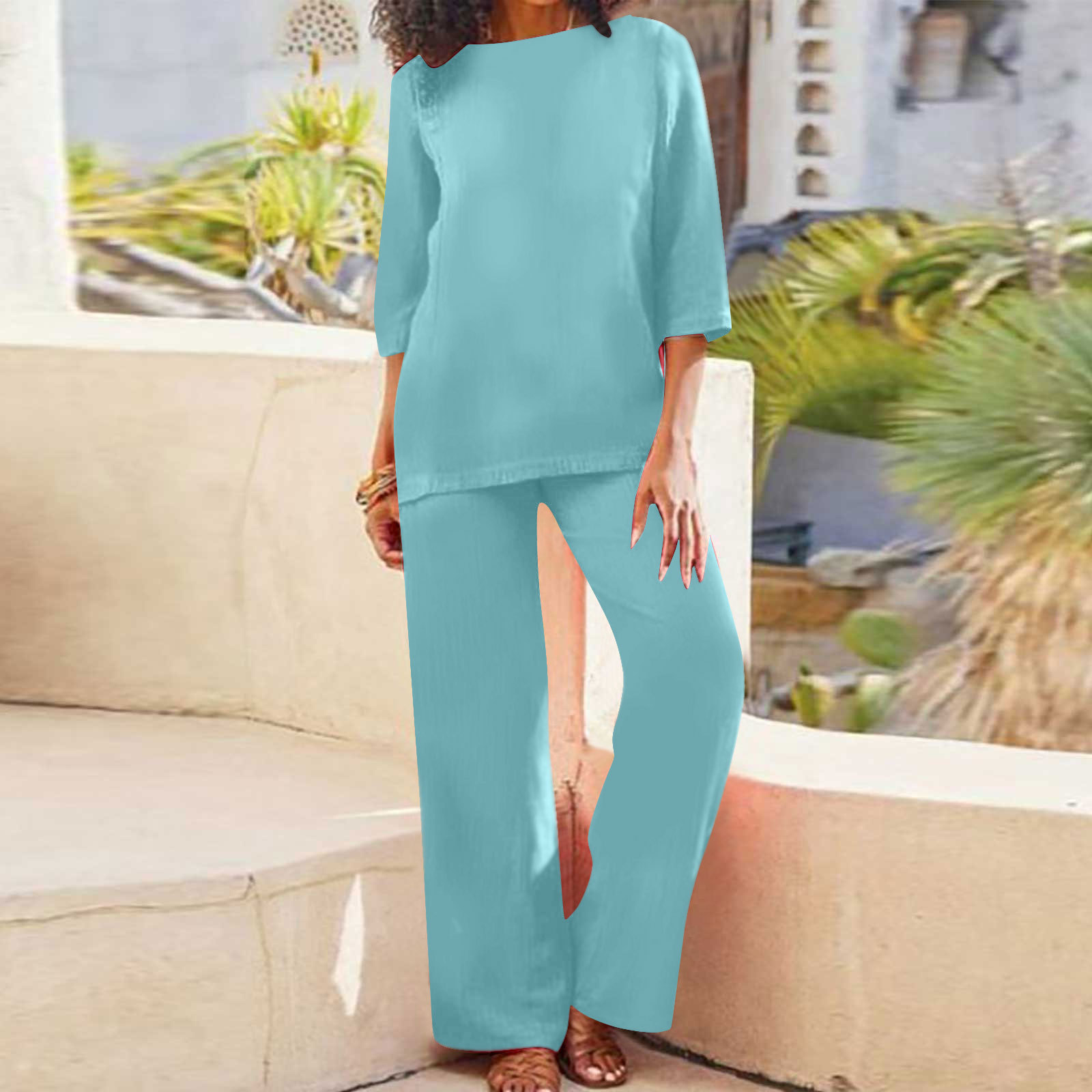 Plus Size Women's Cotton Linen Solid Color Vintage Two-Piece Pant Set Long Sleeve Loose Fit