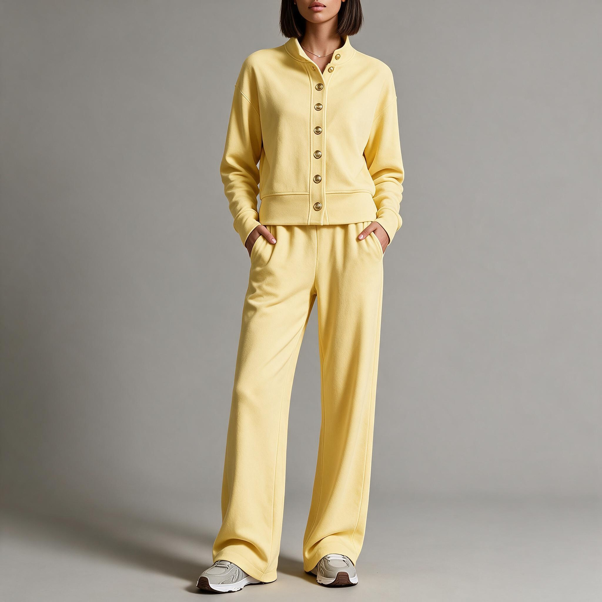 Women's Solid Stand-Collar Cardigan Hoodie & Wide-Leg Pants Set