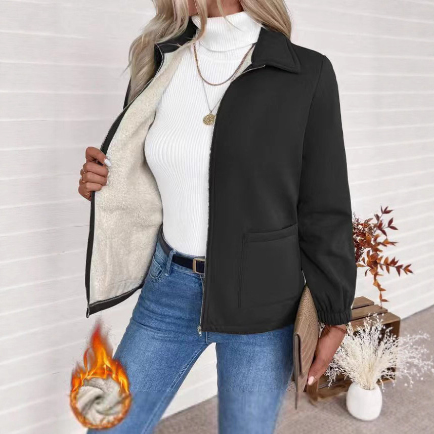 Women's Elegant Zip-Up Collared Pocket Short Jacket Bomber