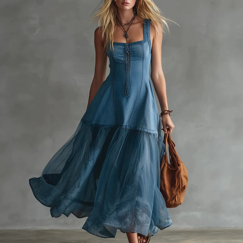Retro Elegant Blue Denim and Tulle Patchwork Long Dress